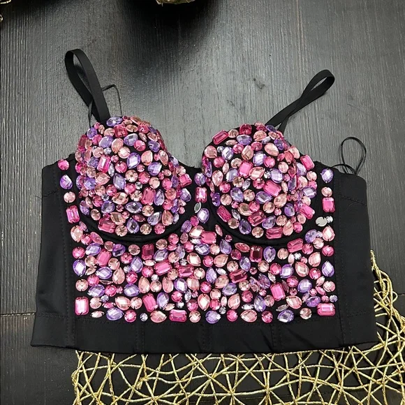 NWOT Charmian Women's Colorful Rhinestone Push Up Bra Party Bustier Crop Top - Picture 7 of 9